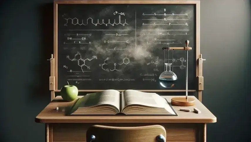 Classic blackboard with wooden frame and gray surface, desk with open book without text, beaker with blue liquid and green apple, cabinet with geometric shapes.