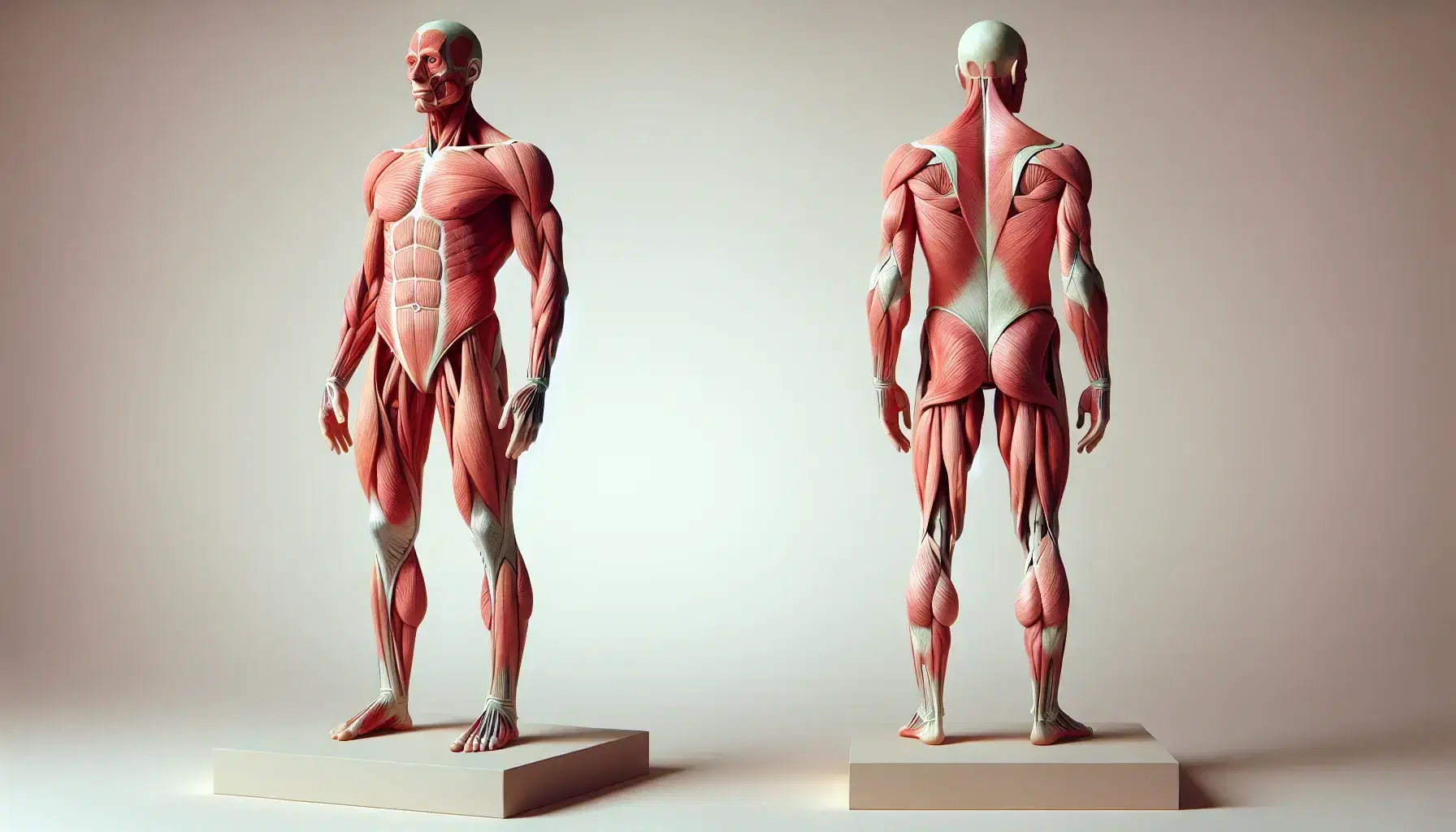 Rappresentazione anatomica dettagliata del sistema muscolare umano con figura eretta e muscoli in evidenza da rosso a rosa.