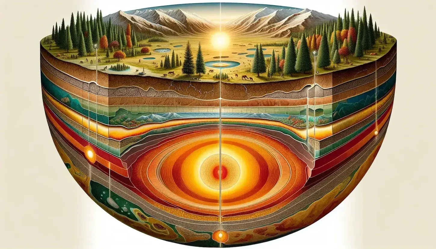 Sezione trasversale della Terra che mostra crosta con vegetazione, mantello superiore e inferiore, nucleo esterno e interno.