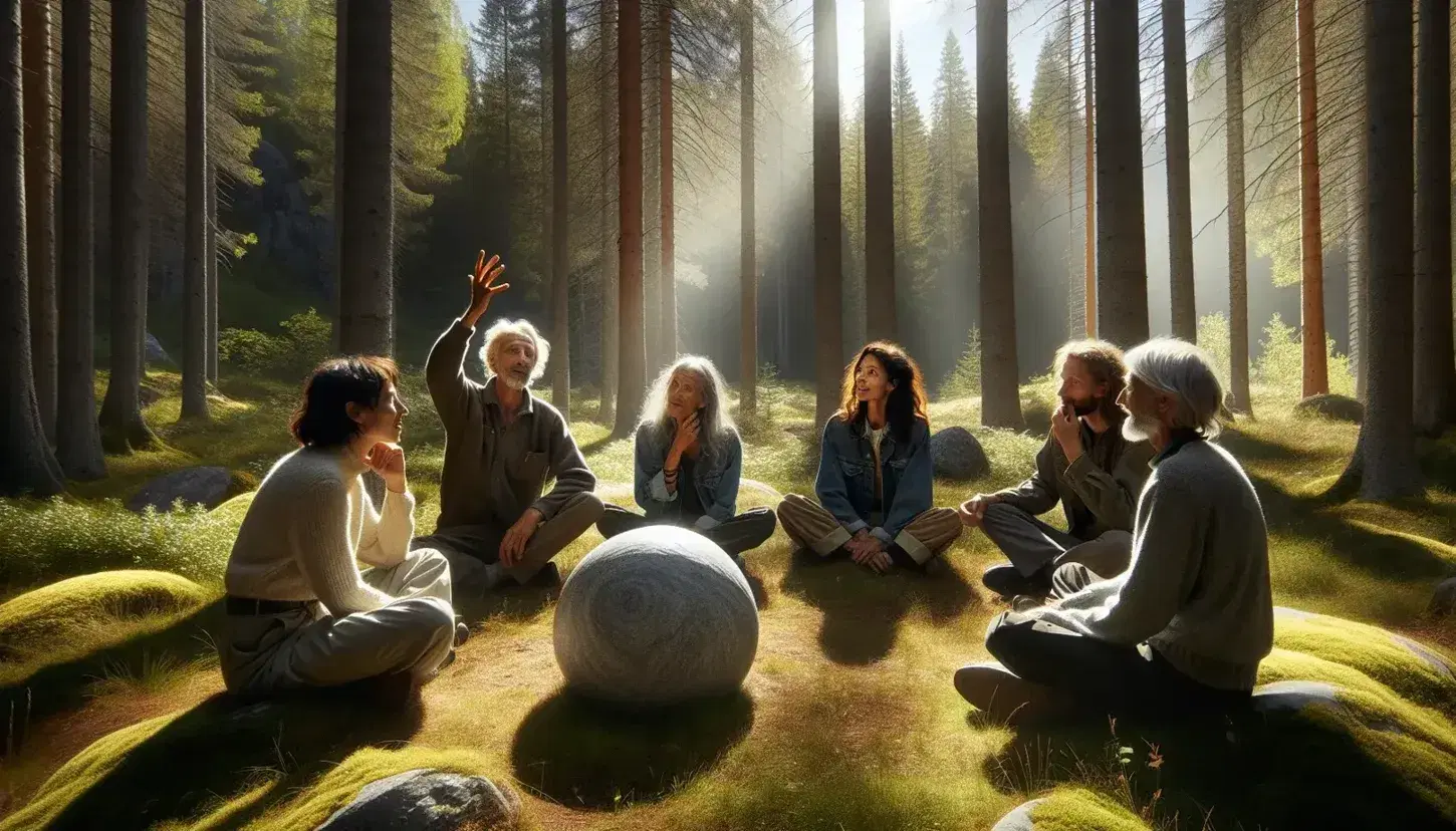 Grupo de cinco personas de diversas edades sentadas en círculo en un claro del bosque, conversando alrededor de una piedra lisa con luz solar filtrándose a través de los árboles.