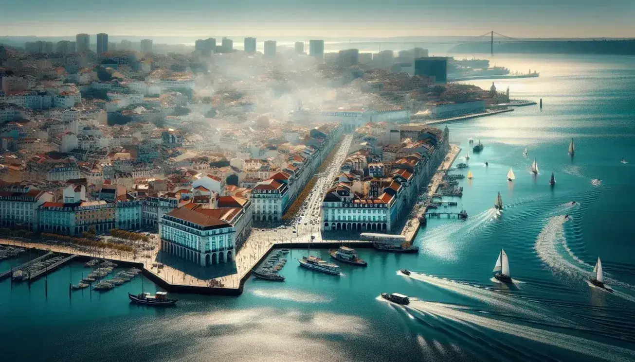 Vista aerea di Lisbona con il fiume Tago, barche a vela, edifici storici e moderni grattacieli sotto un cielo sereno.
