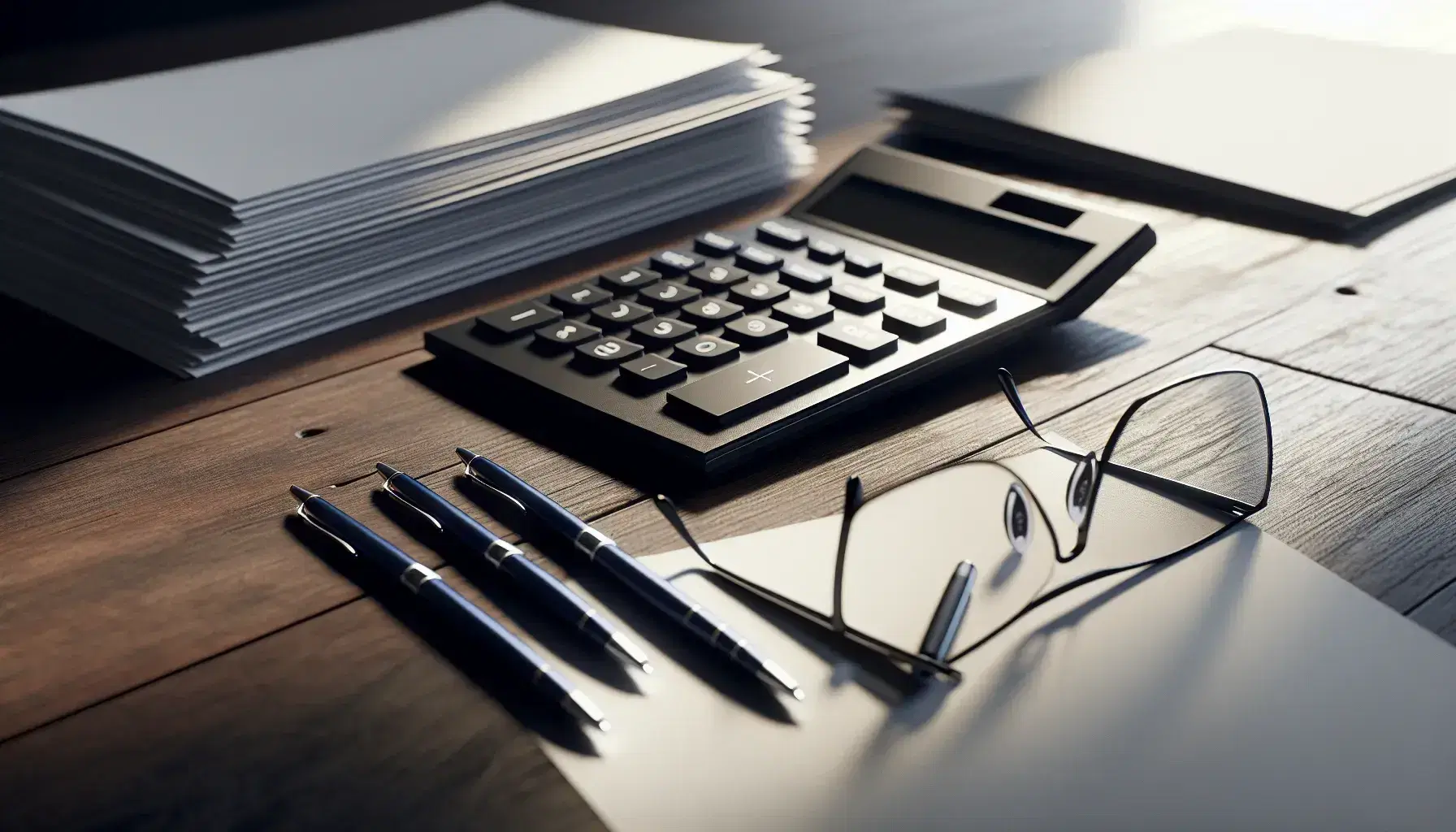 Escritorio de madera oscura con calculadora apagada, papeles blancos, bolígrafos azul y negro, y gafas con montura metálica, bajo iluminación suave.