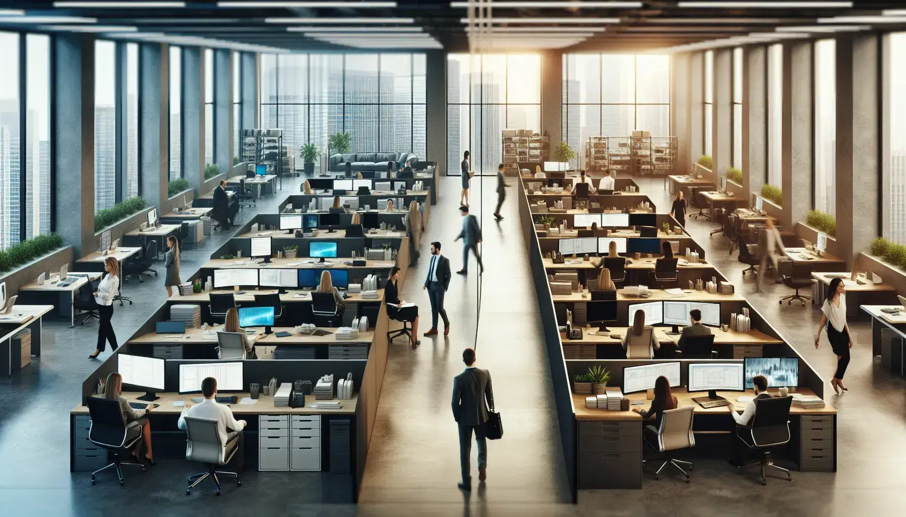 Corporate office with bustling workspace on left, individuals at desks with computers, and a quieter, smaller office setup on the right, divided by a pathway.