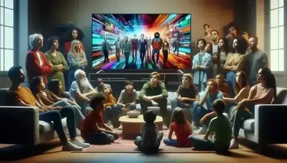Grupo diverso de personas disfrutando de un programa en televisión, con niños sentados en el suelo y adultos conversando al fondo.