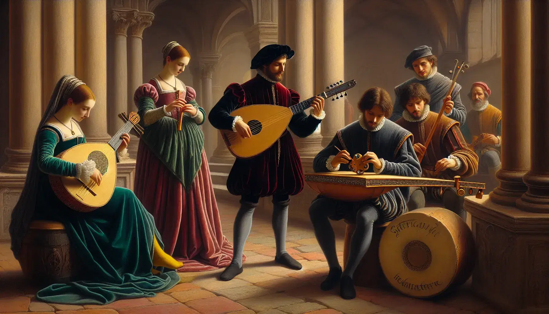 Gruppo di musicisti rinascimentali con lira, viola da gamba, flauto dolce e tamburello, in abiti d'epoca, su sfondo di architettura in pietra.