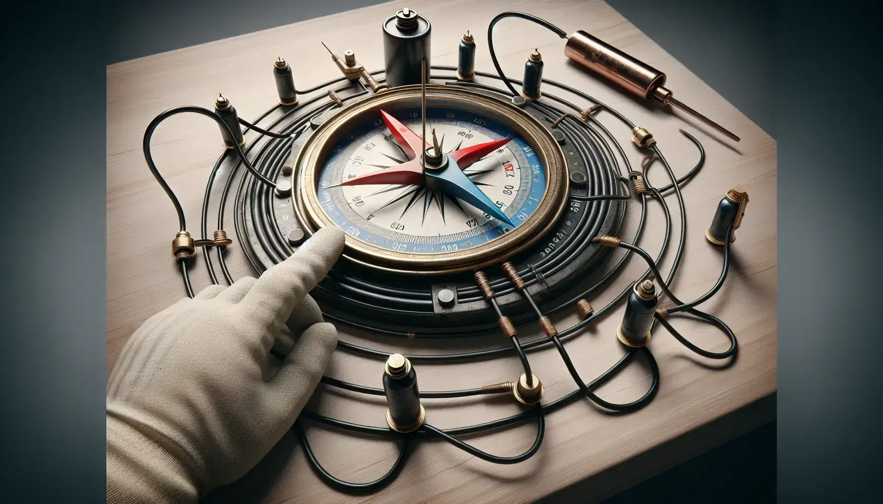 Compass with red-blue needle surrounded by a wire loop connected to a battery, with a gloved hand about to complete the circuit on a wooden table.