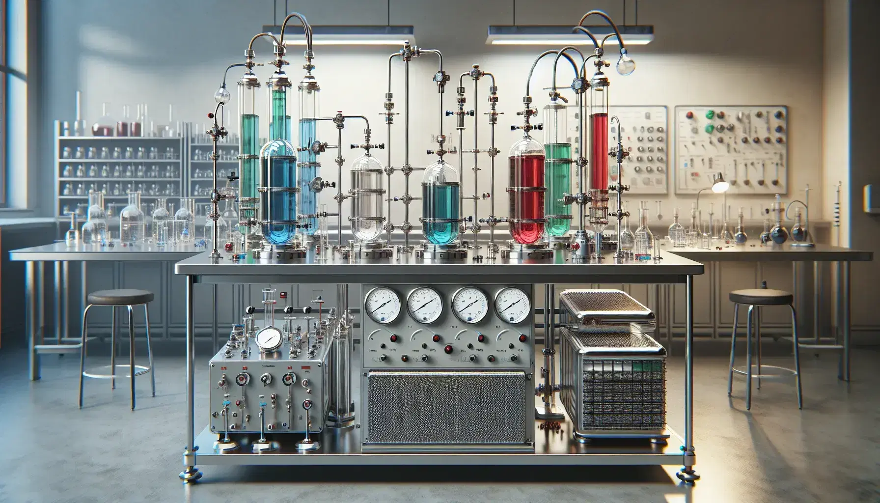 Laboratorio scientifico moderno con tavolo da lavoro, cilindri contenenti gas colorati e pompa termica, termometro a mercurio e scaffali con attrezzature.