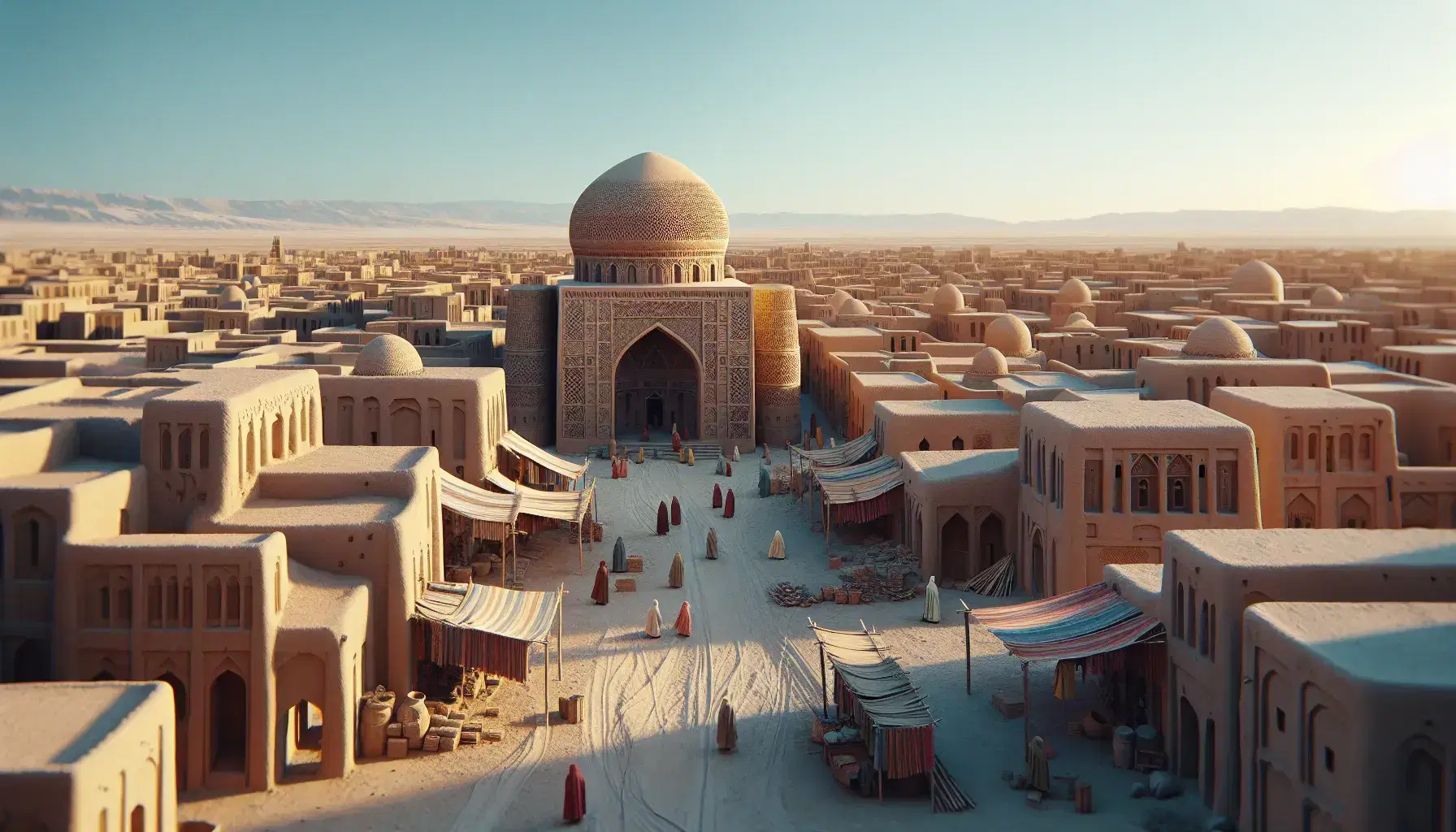 Ancient desert town with early Islamic architecture, featuring a mosque with a dome and minaret, bustling marketplace, and palm trees under a clear blue sky.