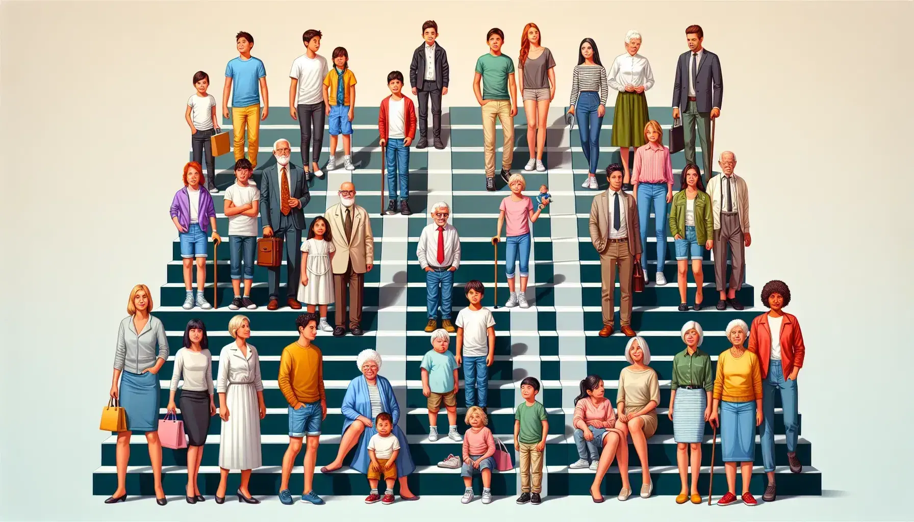 Grupo diverso de personas en escalones ascendentes representando diferentes edades y etnias, desde niños hasta ancianos, con vestimenta variada.