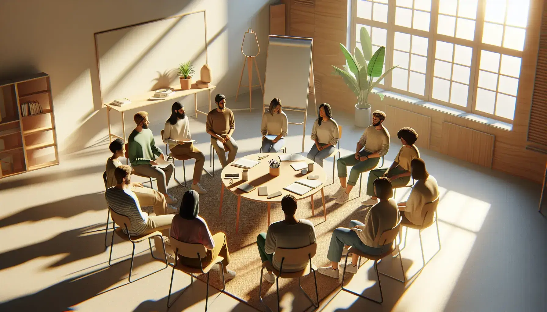 Grupo diverso de personas sentadas en círculo en una sala iluminada naturalmente, con mesa redonda central, papeles y grabadora, en ambiente de diálogo.