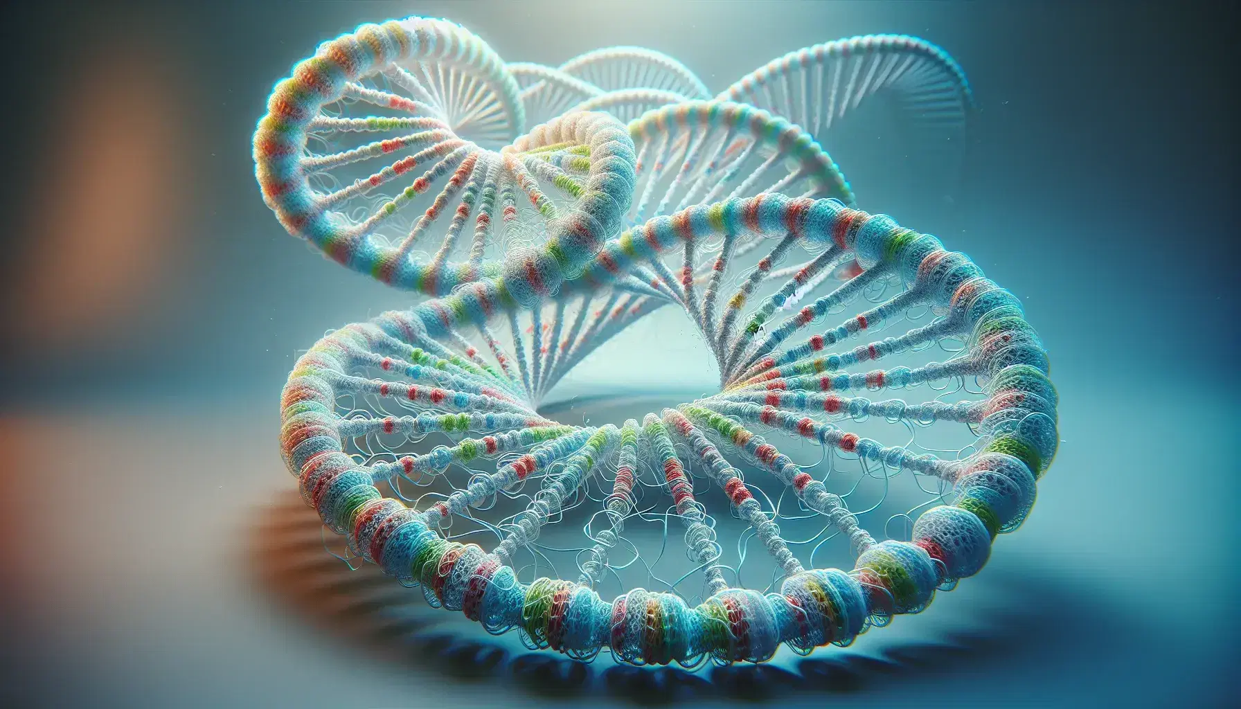 Estructura detallada de una doble hélice de ADN en 3D con pares de bases de colores alternos flotando en un fondo suave.