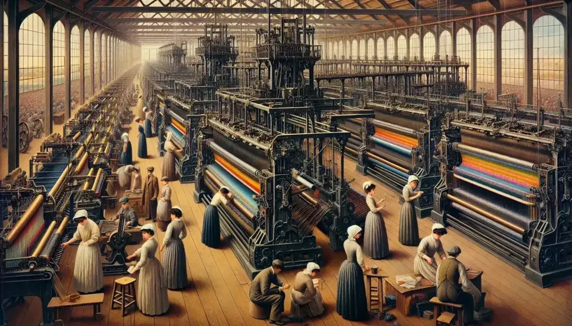 Tessitura industriale dell'epoca della Rivoluzione Industriale con operai e operaie impegnati tra telai meccanici e filati colorati.