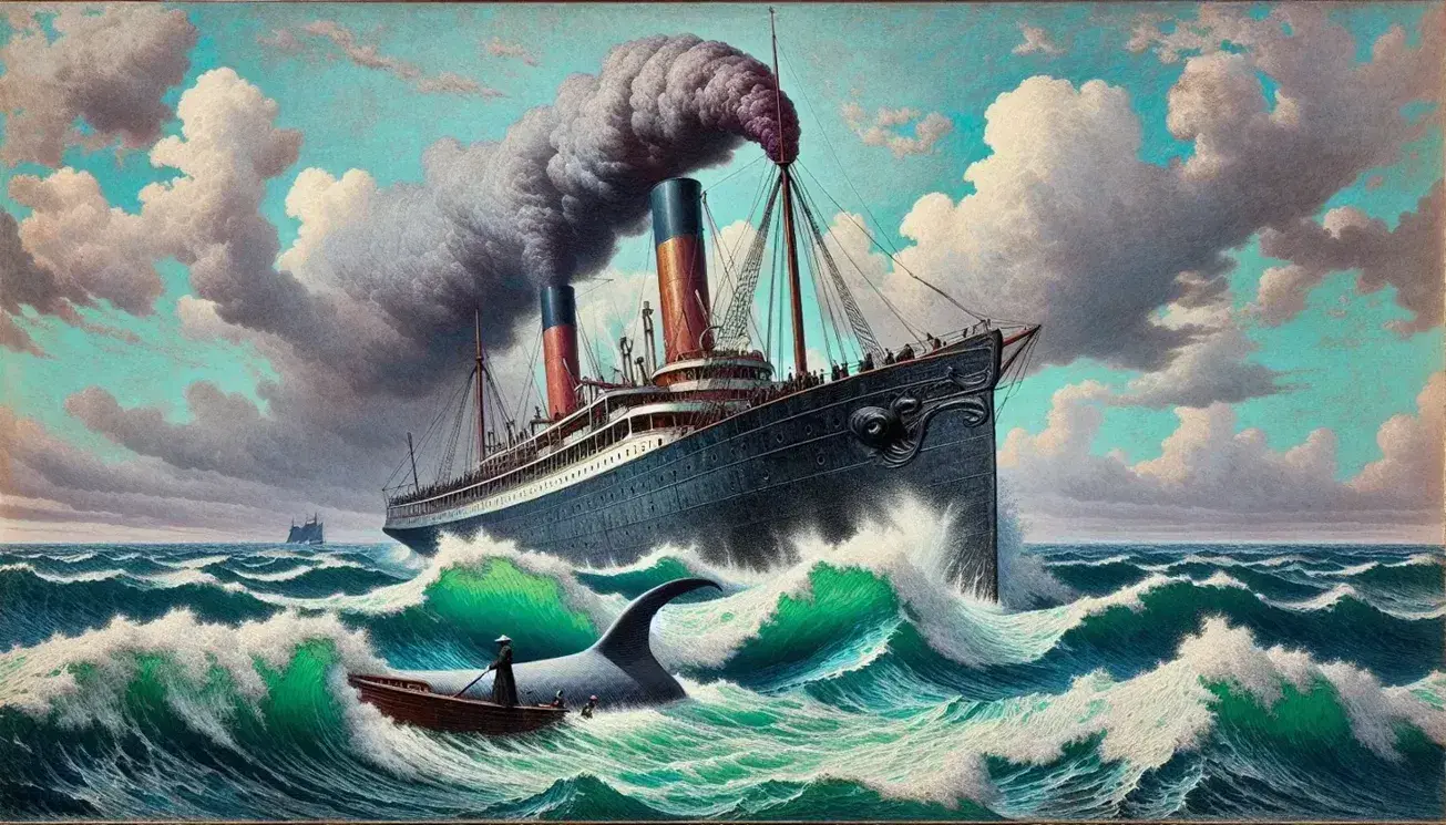 Nave a vapore vintage in mare tempestoso con uomo in cappotto sul ponte e balena che emerge accanto.