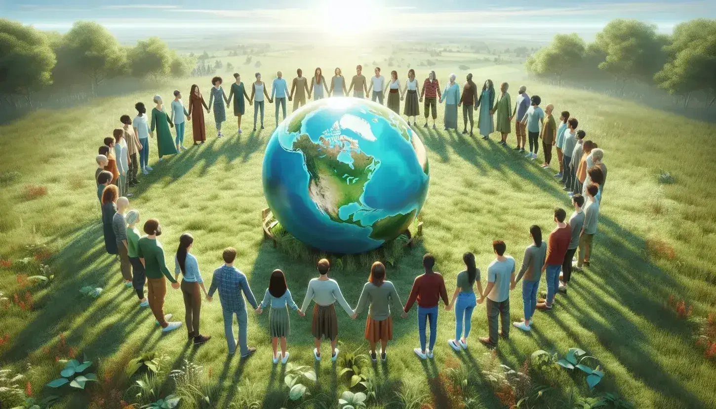 Círculo de personas diversas unidas de la mano alrededor de un globo terráqueo en un espacio abierto con cielo claro y vegetación.