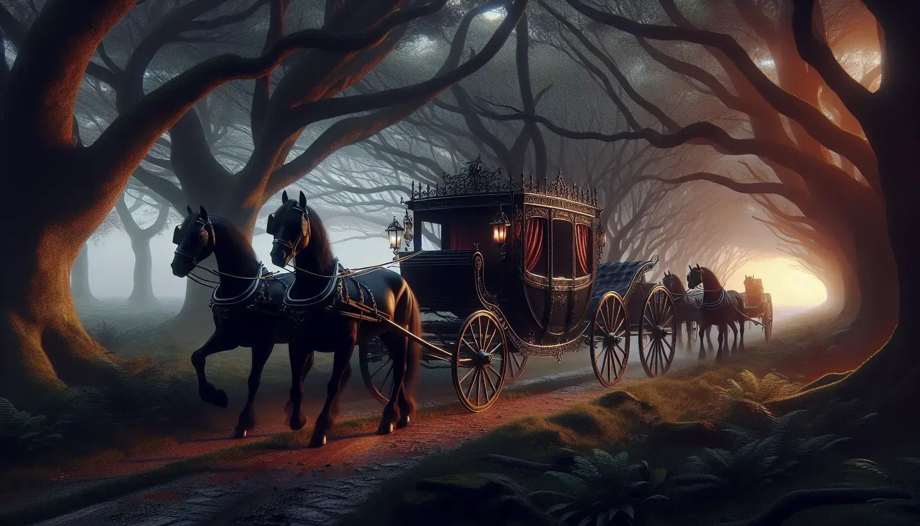 Carrozza vintage nera trainata da quattro cavalli neri su sentiero boscoso al crepuscolo, con dettagli metallici e tende rosse.
