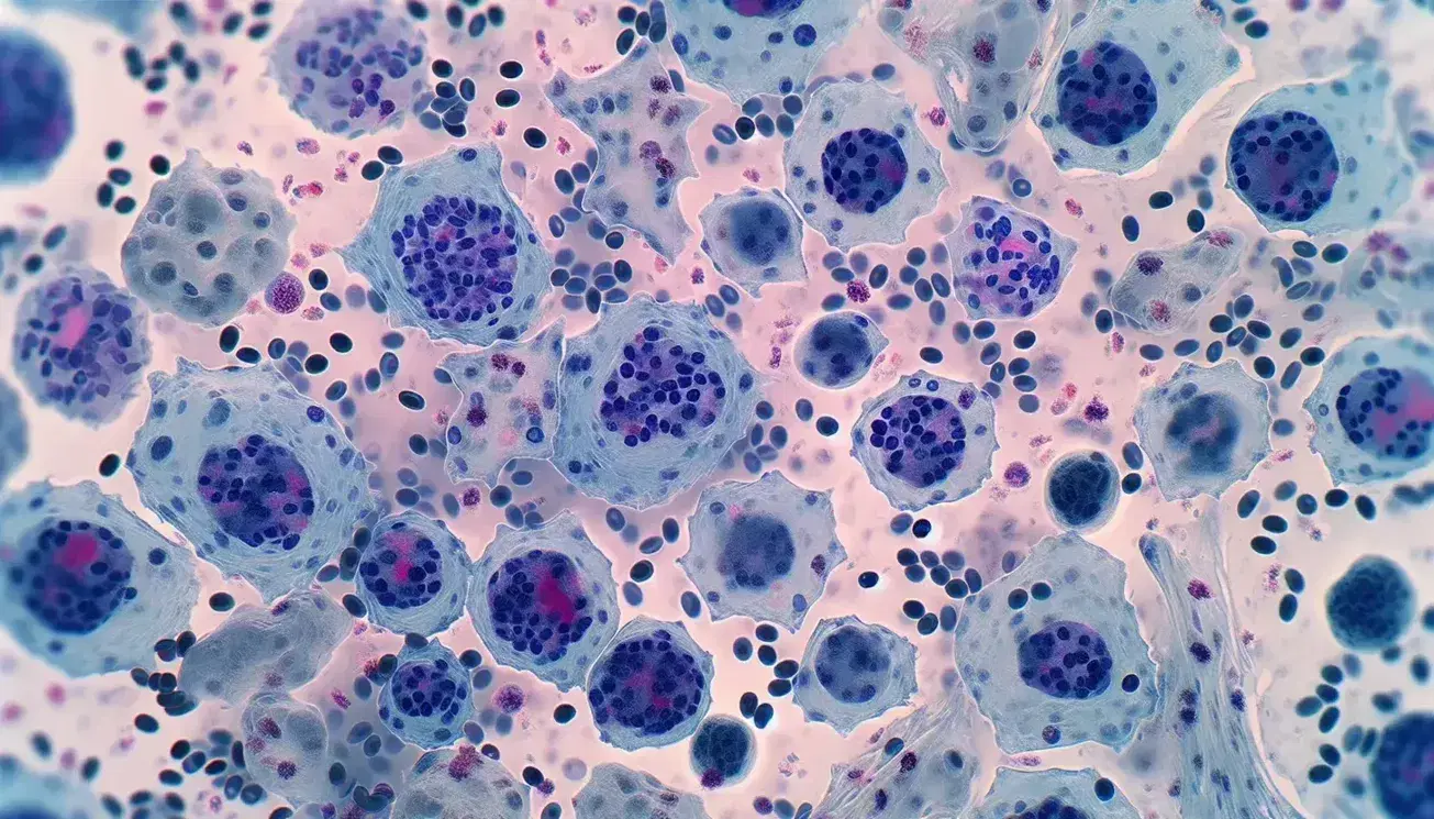 Vista microscópica de linfocitos humanos con núcleos teñidos de azul intenso y fondo en tonos rosa pálido, indicando tejido inmunitario.
