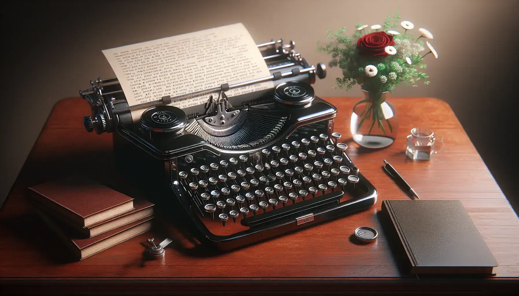 Vintage typewriter on a mahogany desk with an open book and a vase of red roses and white daisies, creating a warm, nostalgic setting.