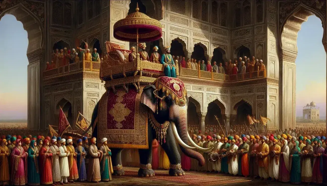 Grand Mughal court scene with an adorned elephant carrying a ruler in a howdah, surrounded by courtiers and musicians, set against white marble architecture.