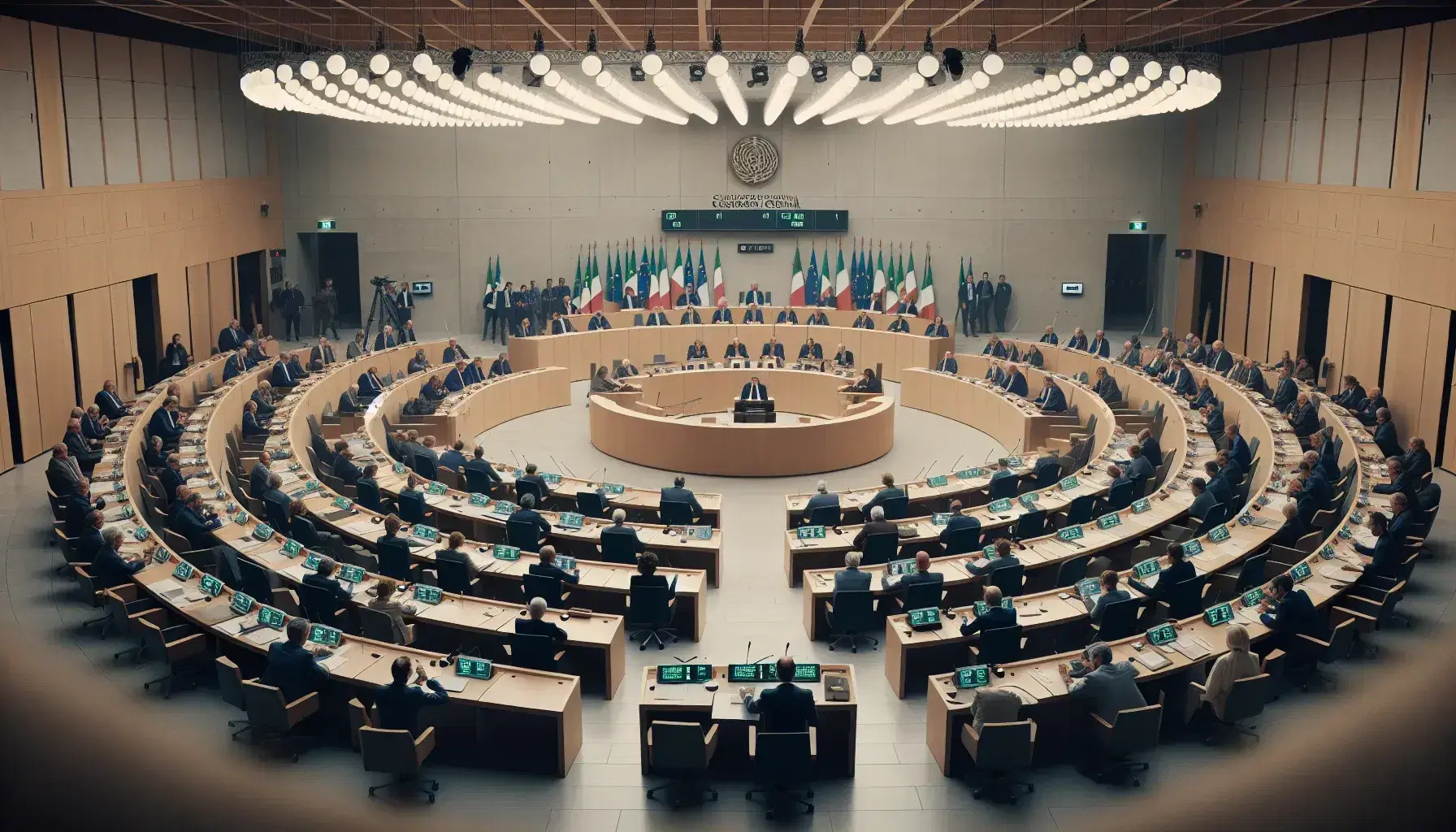 Sala consiliare regionale italiana con disposizione semicircolare dei banchi, podio rialzato e bandiera tricolore sullo sfondo.
