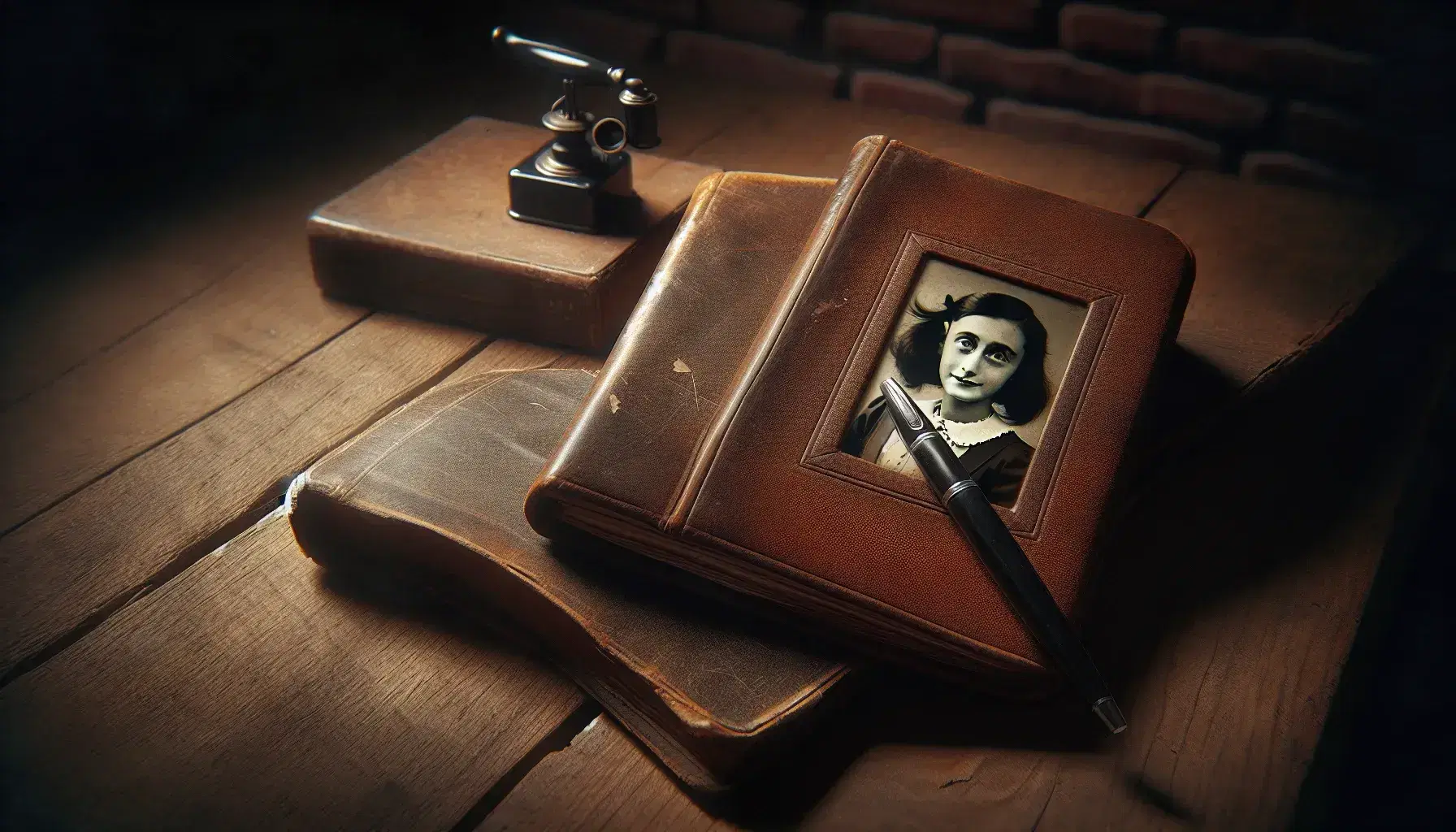 Riproduzione copertina diario di Anne Frank con penna stilografica vintage e foto in bianco e nero su sfondo in legno antico.