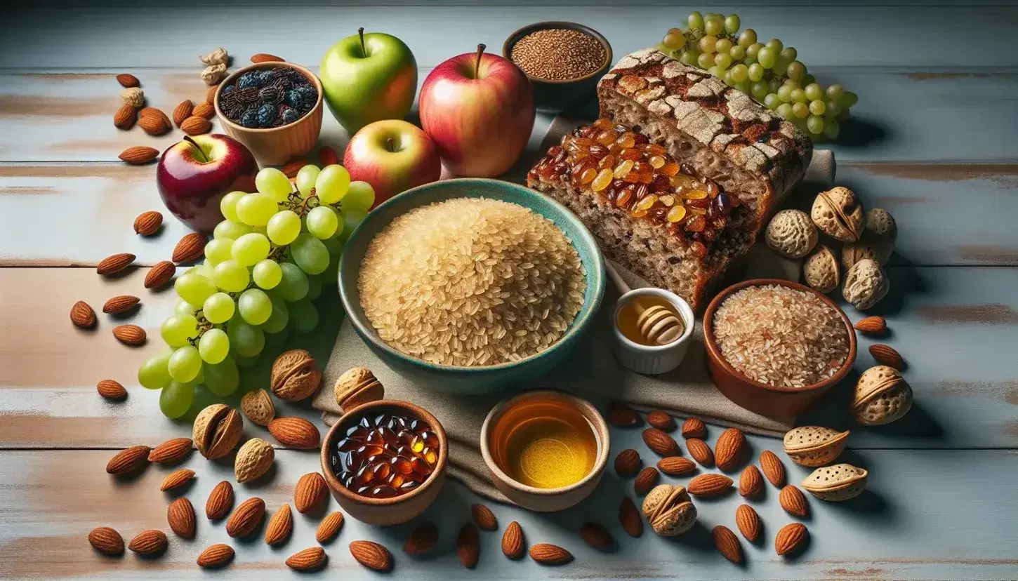Variedad de alimentos saludables con uvas verdes, manzana roja brillante, pan integral con miel y almendras sobre fondo de madera claro.