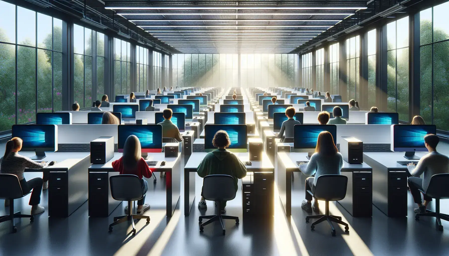 Modern and bright computer lab with rows of computers and assorted users, large windows and green outdoor landscaping.