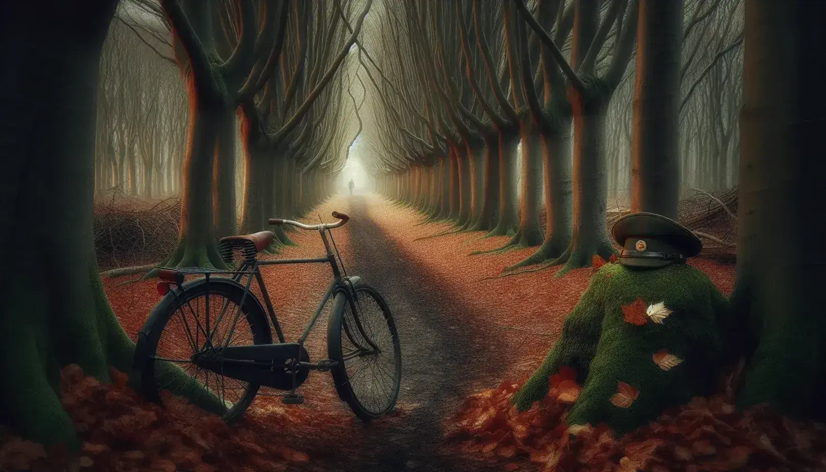 Sentiero autunnale in foresta al crepuscolo con bicicletta vintage e berretto partigiano su roccia, figura umana in lontananza.