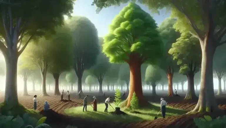 Grupo diverso de árboles en suelo fértil con personas plantando un árbol joven en un día soleado, reflejando la colaboración en la reforestación.
