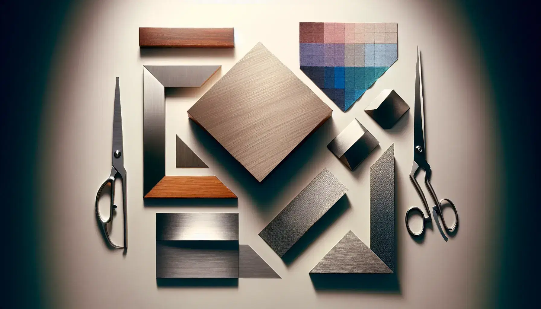 Assorted quadrilaterals on a light background, featuring a polished wooden square, brushed steel rectangle, silver scissor blades as a kite, folded paper rhombus, fabric parallelogram, and dark trapezoid block.