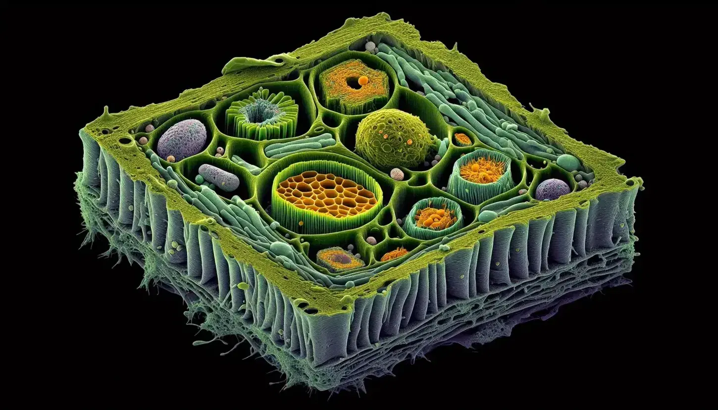 Micrografía electrónica de barrido en color mostrando sección transversal de célula vegetal con pared celular en verde oscuro, membrana celular, cloroplastos amarillo-verdosos, vacuolas azules y mitocondrias naranjas.