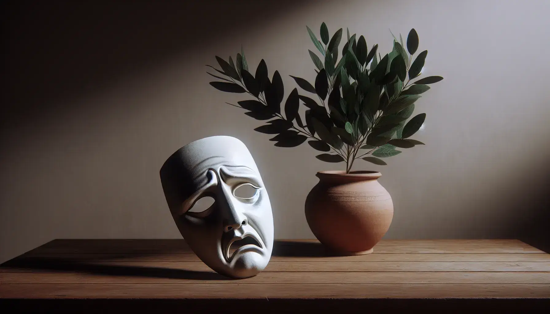 White greek tragic mask on wooden table with laurel plant in terracotta pot, soft shadow, neutral background.