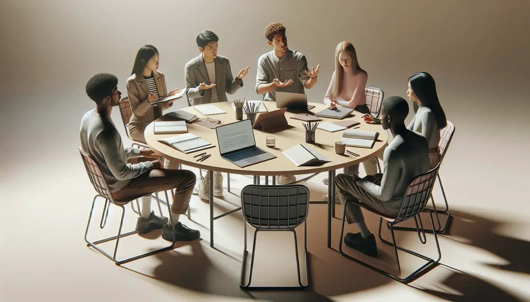 Grupo diverso de cinco personas en reunión de trabajo alrededor de una mesa redonda con laptop, papeles y libros, participando en una discusión activa.