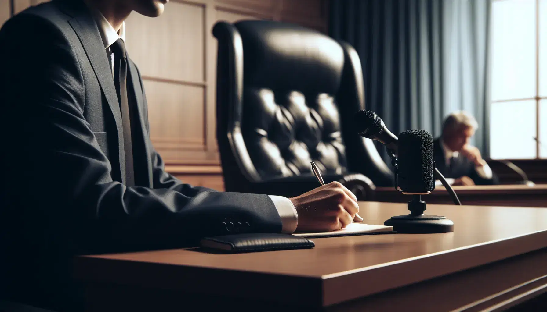 Court with wooden witness stand and microphone, individual in dark suit takes notes, judge's chair and blurred flags in background.