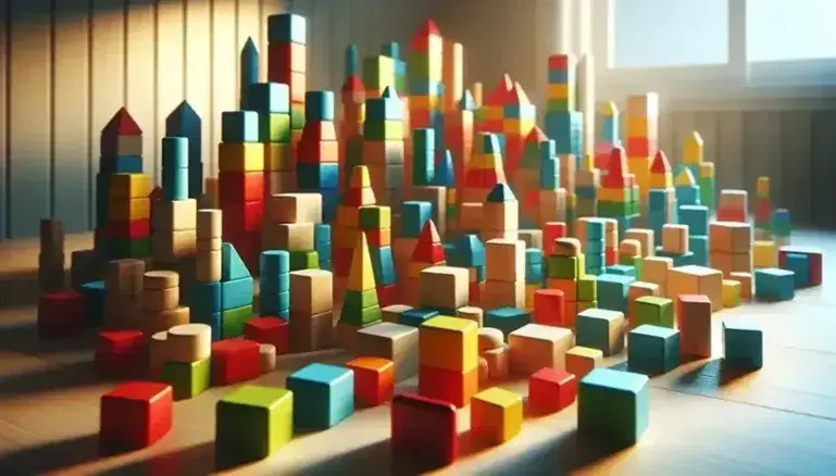 Blocchi colorati in legno disposti in strutture su tavolo chiaro, con ombre morbide che creano profondità.