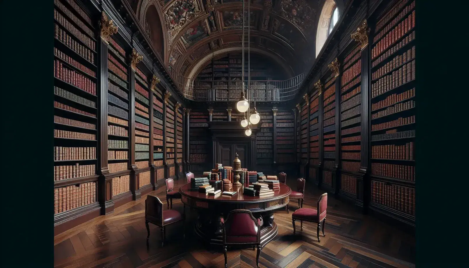 Biblioteca antica con scaffali in legno scuro pieni di libri rilegati, tavolo ovale centrale, sedie in velluto rosso e luce naturale da finestra ad arco.