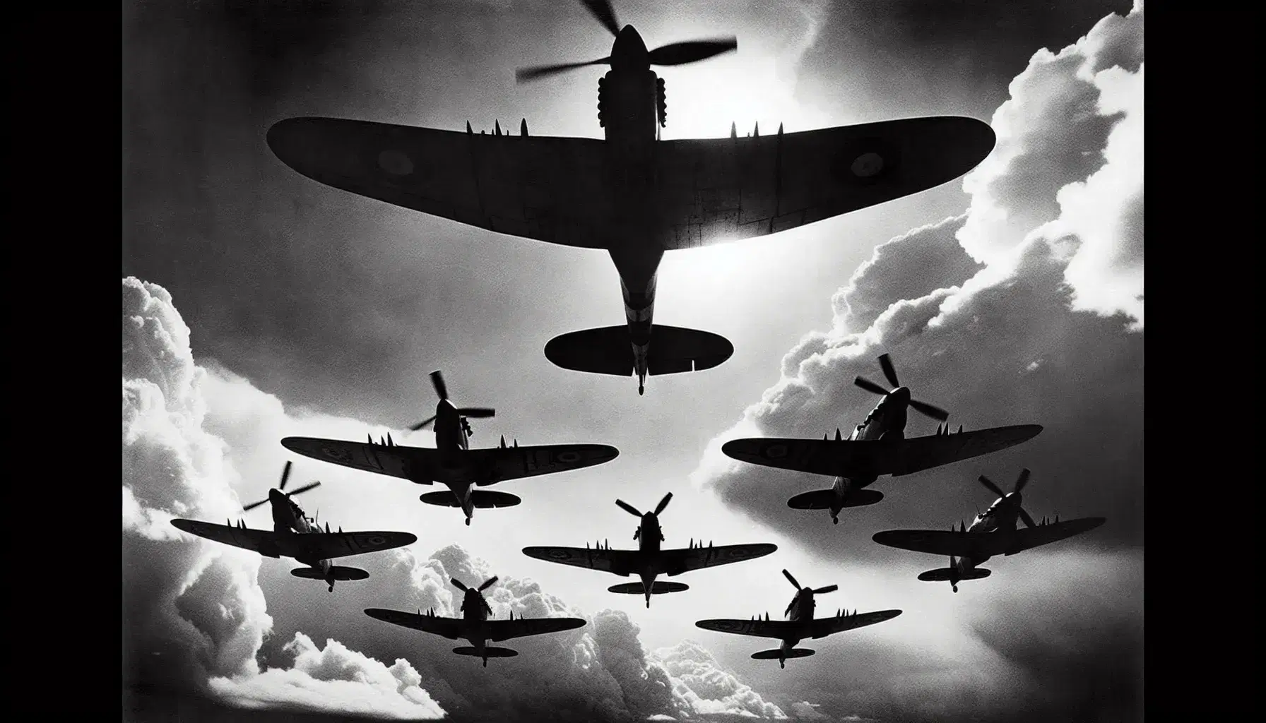 Formazione di aerei da combattimento della Seconda Guerra Mondiale in volo a V, visti dal basso con cielo nuvoloso.