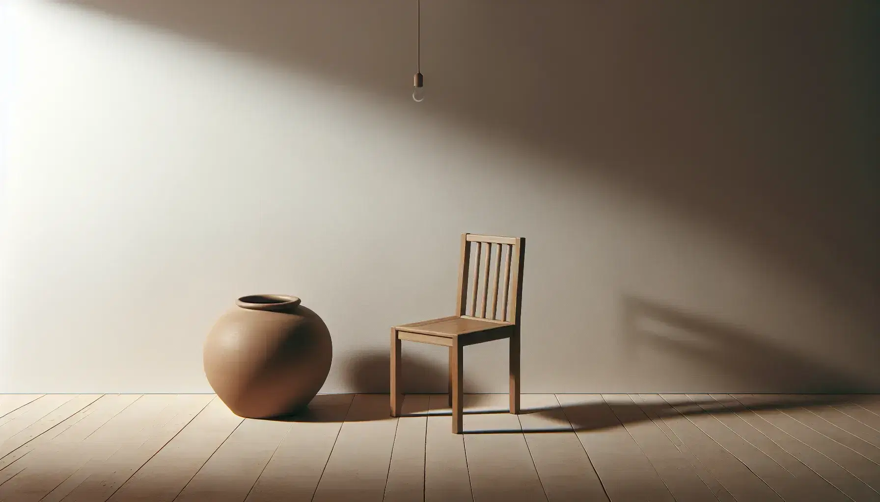 Minimalist room with a wooden chair, terracotta pot, and half-filled glass of water on the floor, casting sharp shadows from a single light source.