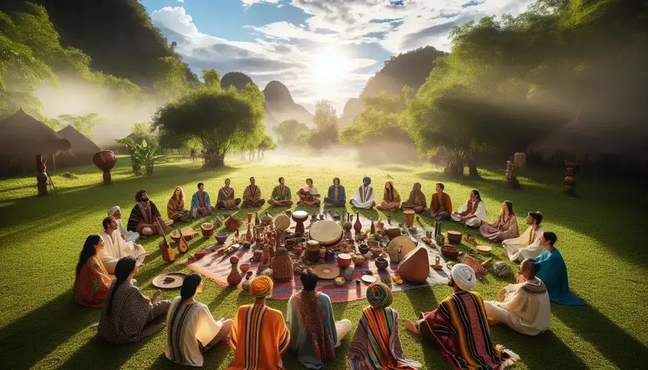 Gruppo multietnico seduto in cerchio su erba verde con strumenti musicali, oggetti culturali e abiti tradizionali, in un'atmosfera di scambio culturale.