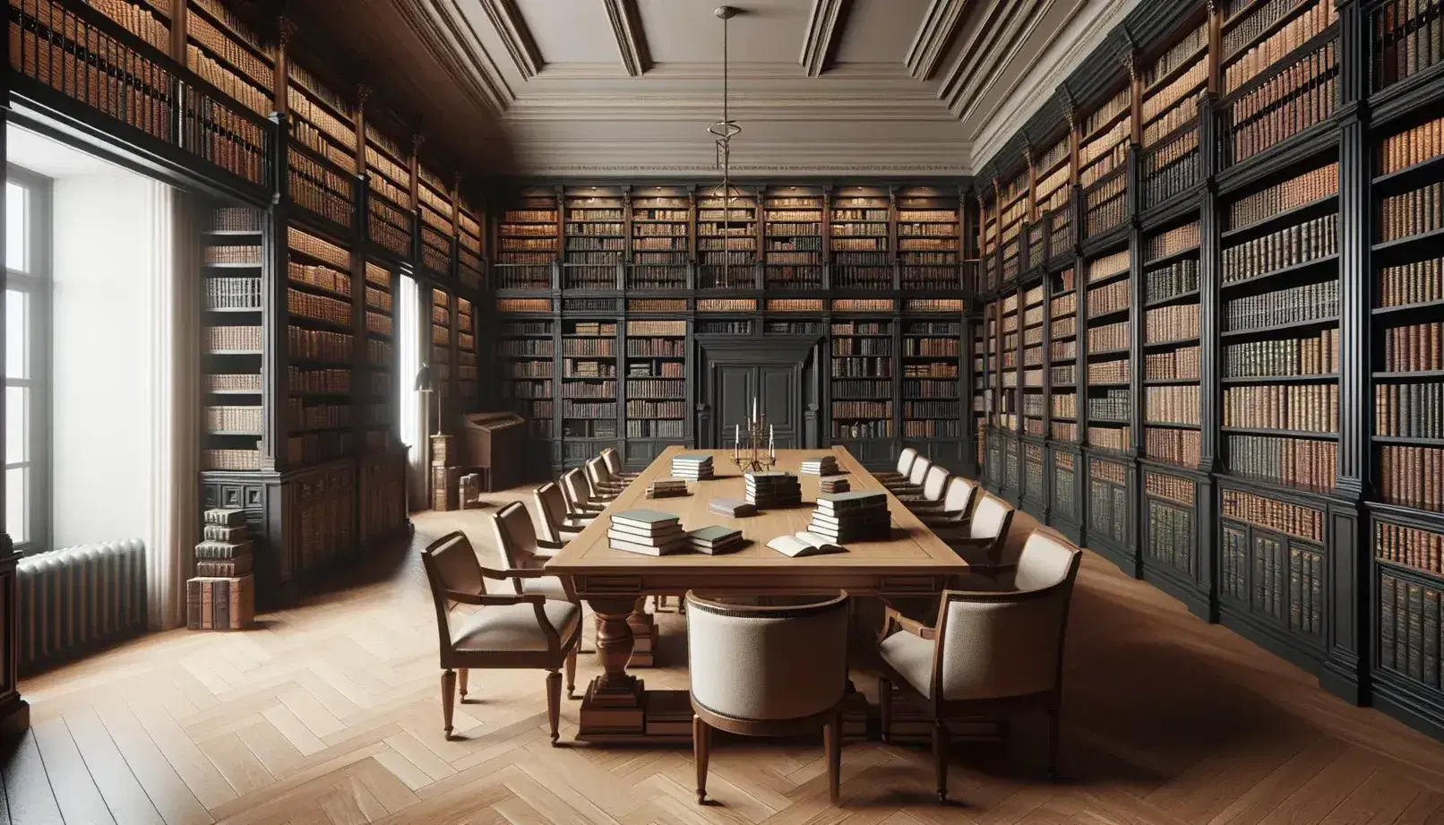 Biblioteca espaciosa con estanterías de madera oscura llenas de libros, mesa central con libros abiertos y sillas clásicas, iluminada por una gran ventana.
