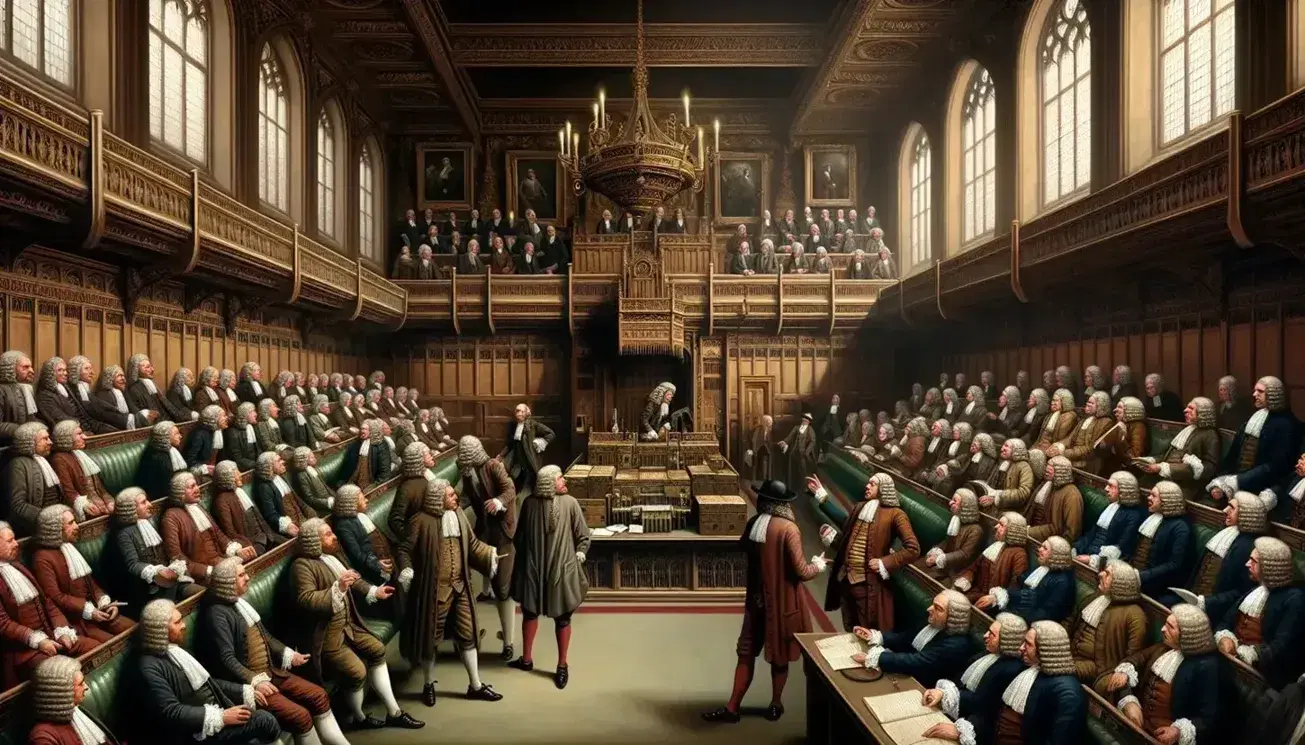 17th-century British House of Commons debate scene with men in period attire, ornate Speaker's chair, and spectators in gallery.