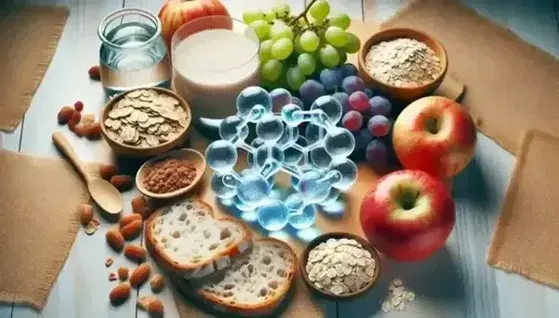 Modelo tridimensional de molécula de glucosa rodeado de alimentos ricos en carbohidratos como uvas, pan integral, avena y manzana roja sobre superficie de madera.