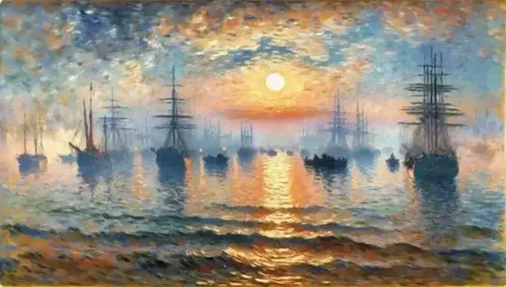 Riproduzione del quadro 'Impression, alba' di Monet, con cielo e mare in toni di arancio, blu e grigio, sole riflesso nell'acqua e sagome di navi nella foschia.