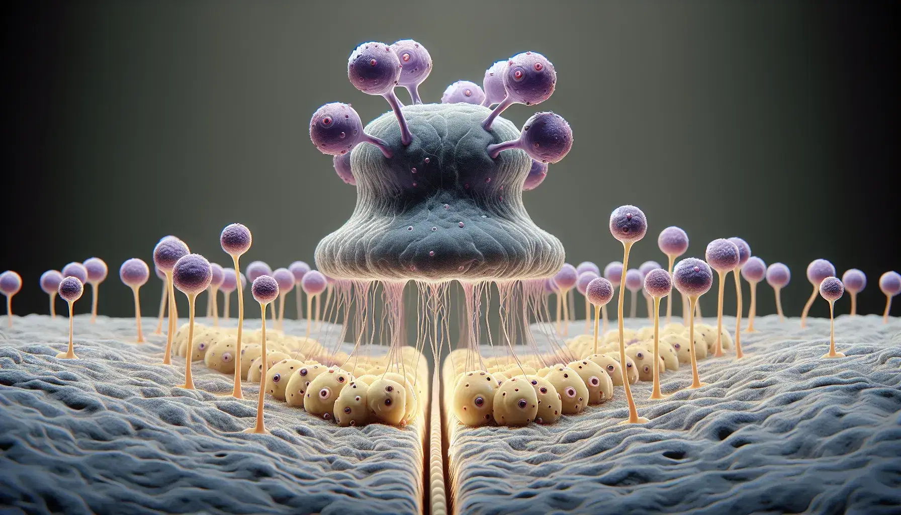 Vista microscópica de una sinapsis neuronal con vesículas presinápticas y receptores postsinápticos alineados en la hendidura sináptica.