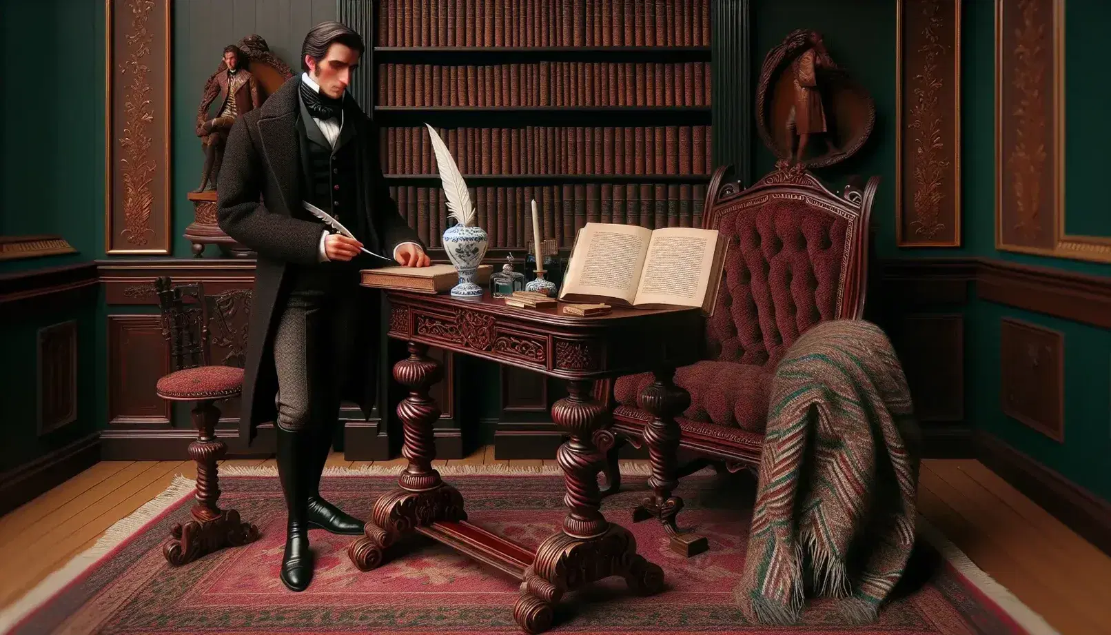 Escena de estudio del siglo XIX con mesa de madera oscura, pluma, tintero de porcelana, libro abierto, silla tapizada en terciopelo rojo y hombre vestido de época.