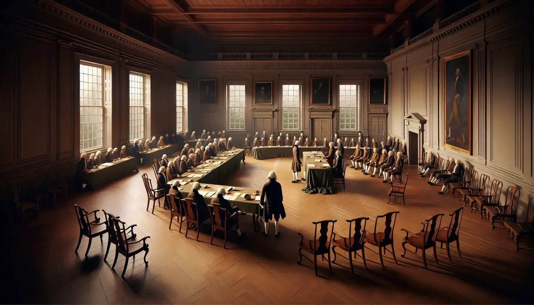 Recreation of the 1787 Constitutional Convention at Independence Hall with life-sized figures in period attire engaged in debate around a large wooden table.