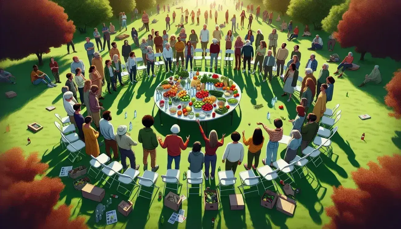 Grupo diverso de personas reunidas al aire libre en círculo, discutiendo sobre alimentos saludables y folletos en una mesa, en un día soleado.