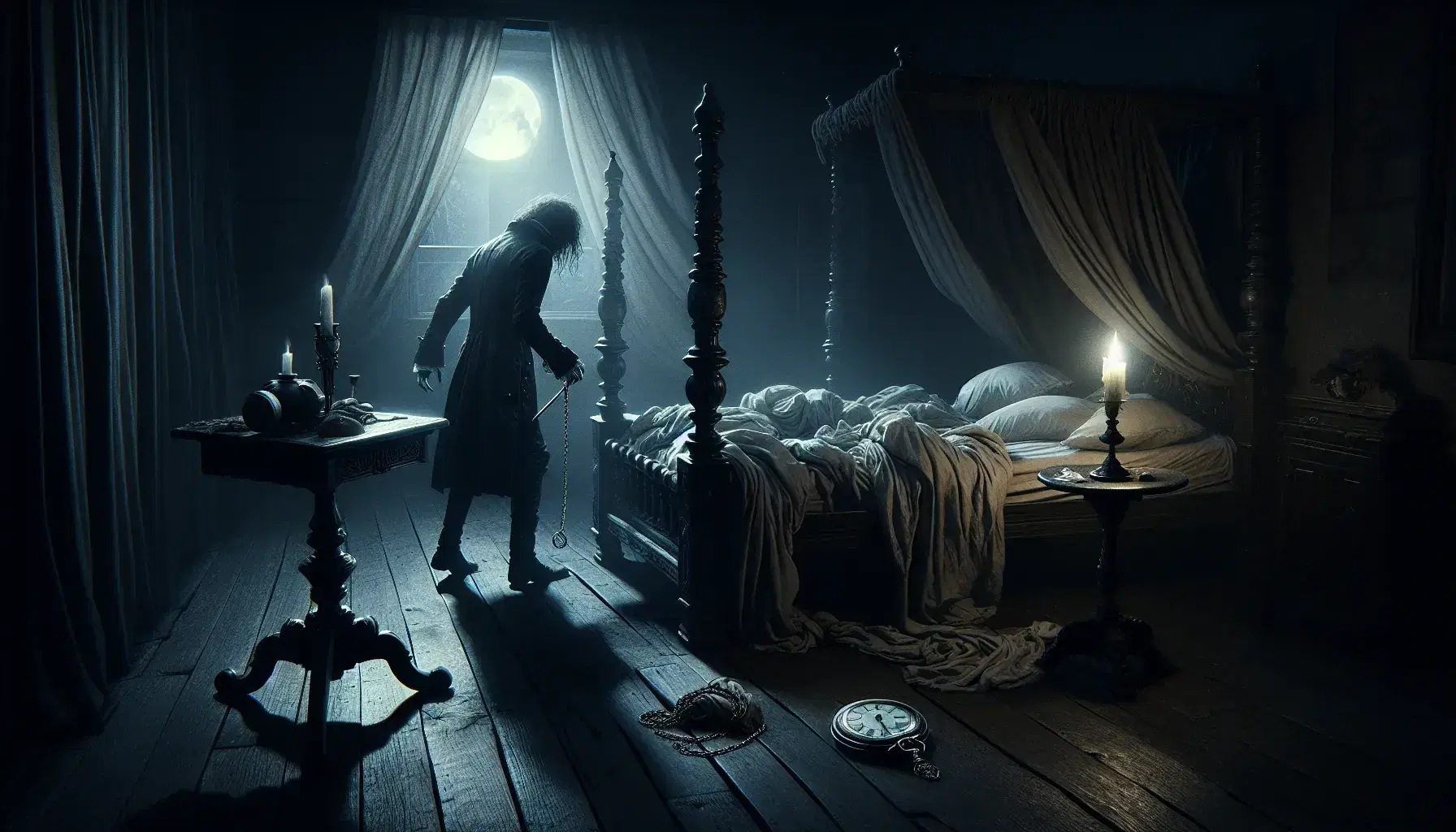 Escena nocturna en habitación antigua con cama de dosel, sábanas desordenadas, reloj de bolsillo y figura humana vestida de época junto a la cama.