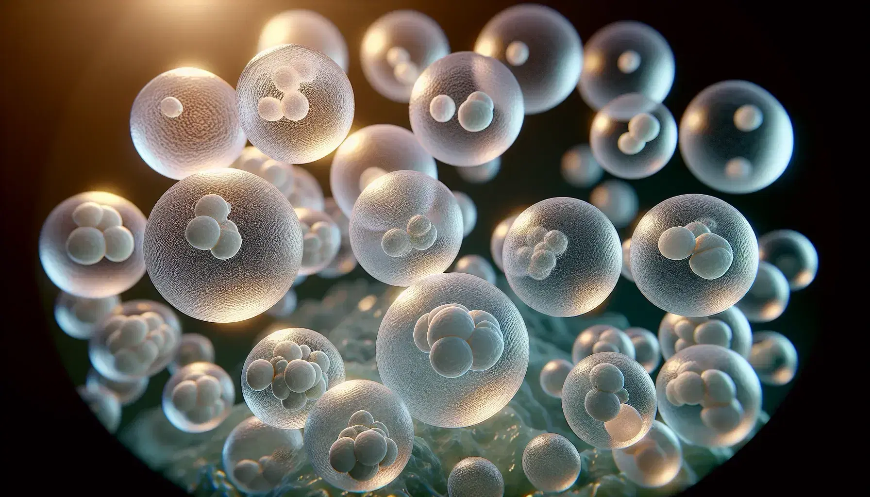 Oociti umani ingranditi al microscopio ottico, sferici con zona pellucida visibile e nucleo centrale, in fluido follicolare simulato.