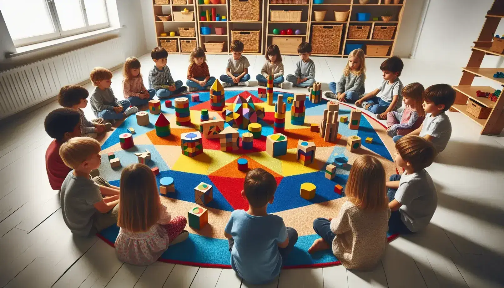 Niños concentrados jugando con bloques geométricos de colores en una alfombra en el aula, bajo una luz natural cálida.