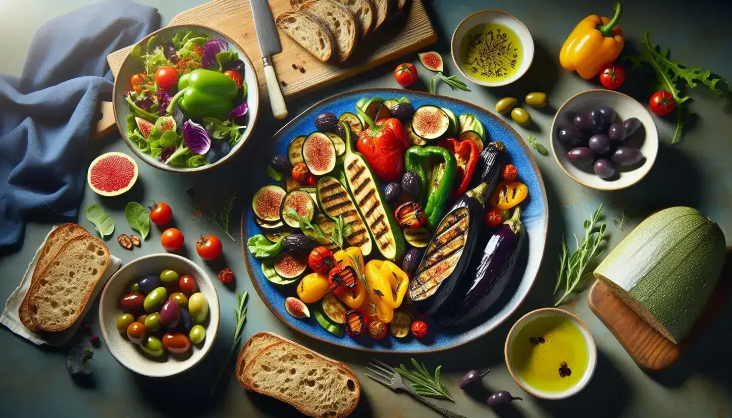 Tavola imbandita con piatto di verdure grigliate, insalata mista, pane integrale, olive verdi e nere, frutta fresca, vino rosso e bottiglia di olio d'oliva.